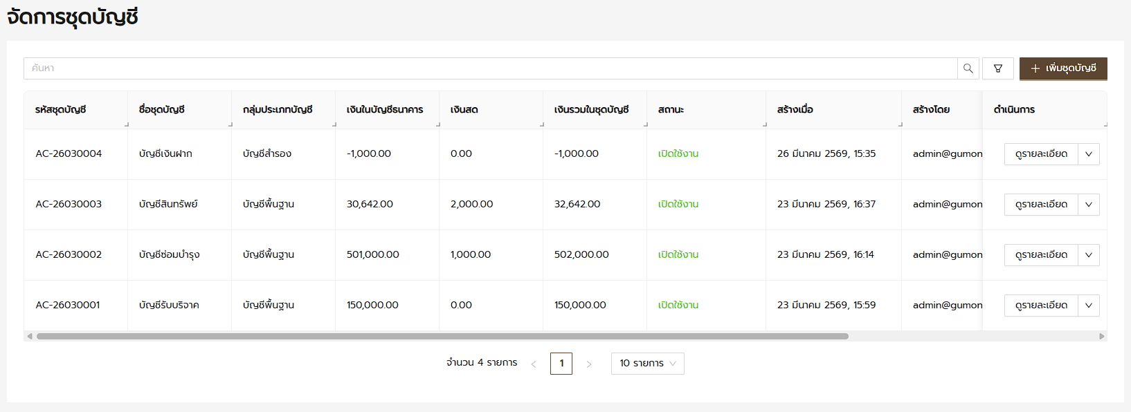หน้าจอบัญชีการเงิน